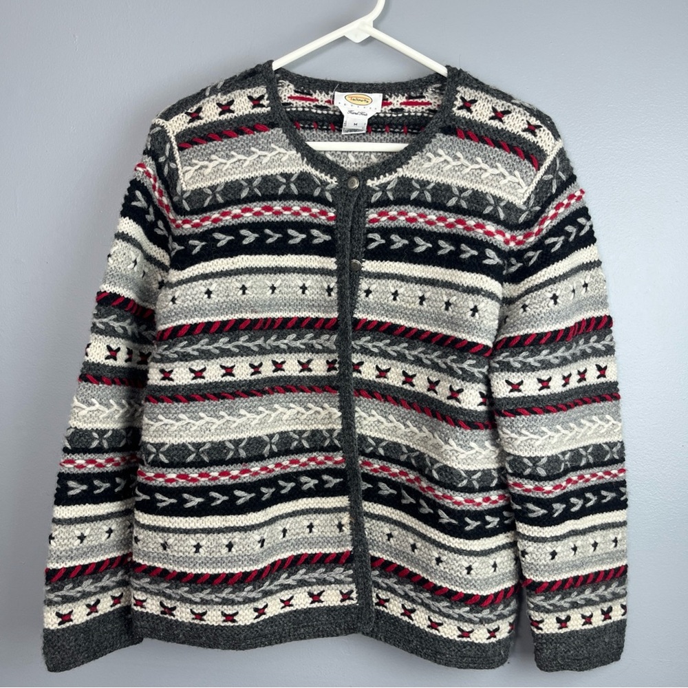 Talbots vintage hand knit ski Nordic Gray and Red Patterned Cardigan petite med